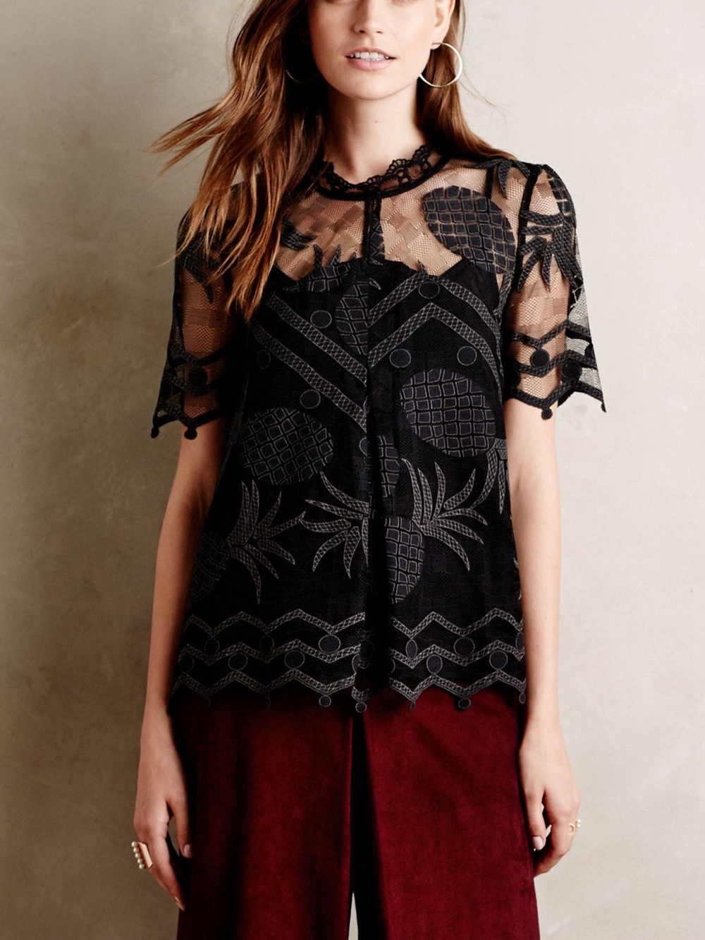 NWT Anthropologie HD in Paris Black Pineapple Lace Whimsygoth Short Sleeve Sz 0